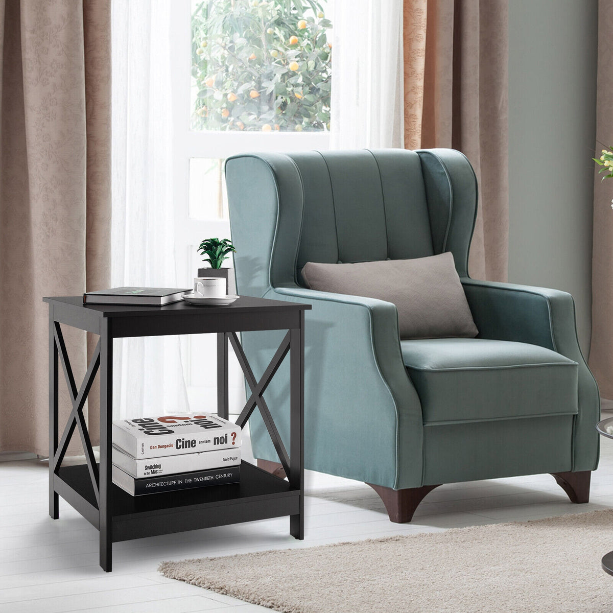 2-Tier Side Table with X-shape Design and 4 Solid Legs-Dark Brown-End & Side Tables-DECOROLALA