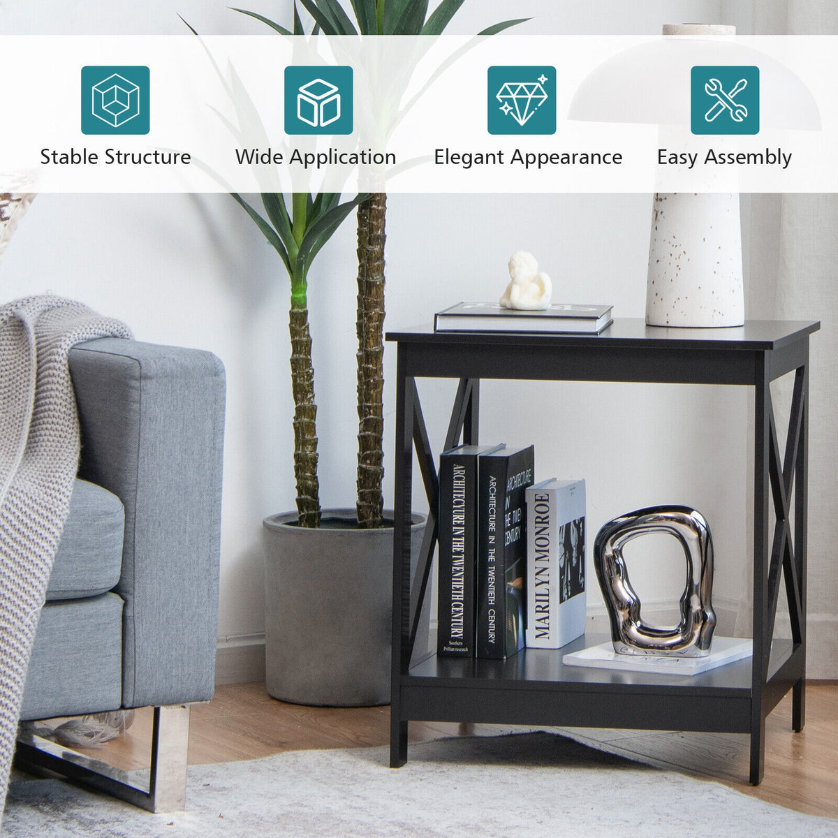2-Tier Side Table with X-shape Design and 4 Solid Legs-Dark Brown-End & Side Tables-DECOROLALA
