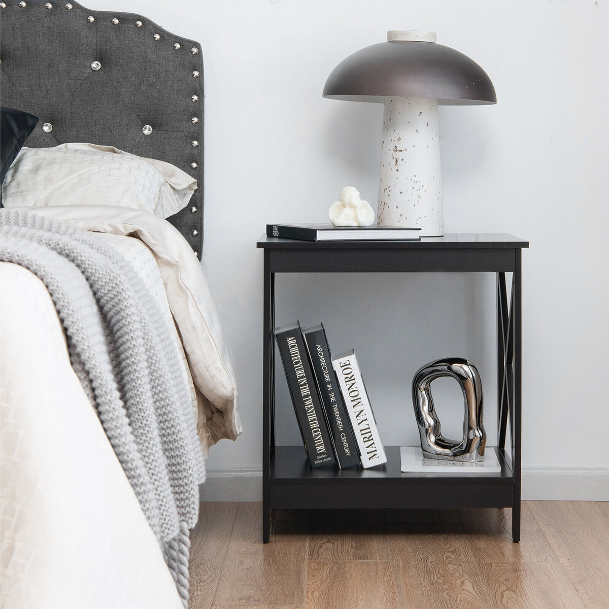 2-Tier Side Table with X-shape Design and 4 Solid Legs-Dark Brown-End & Side Tables-DECOROLALA