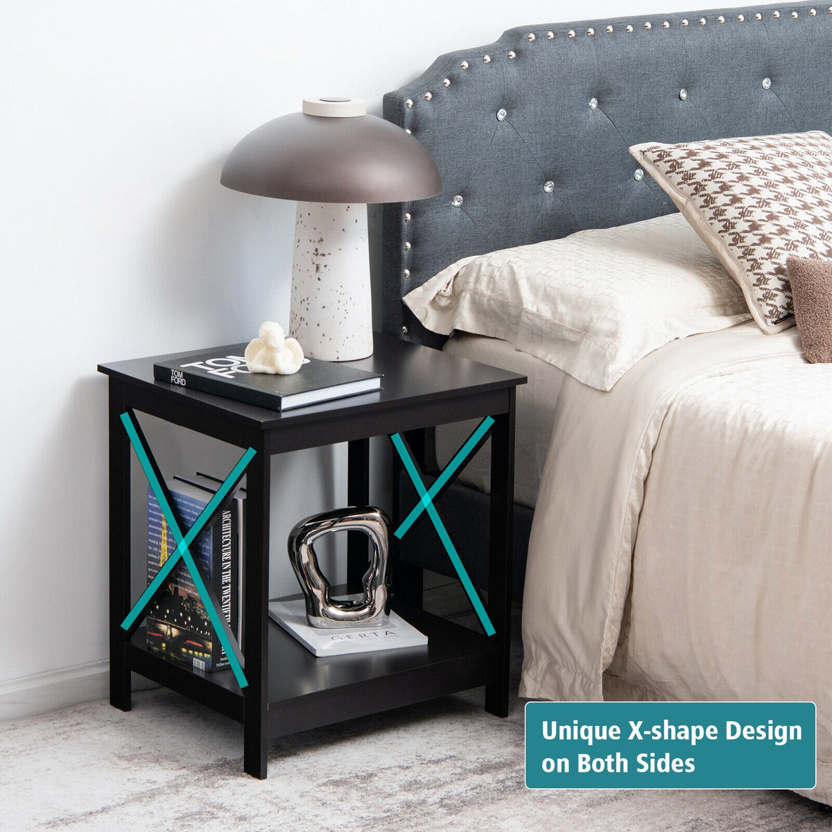 2-Tier Side Table with X-shape Design and 4 Solid Legs-Dark Brown-End & Side Tables-DECOROLALA