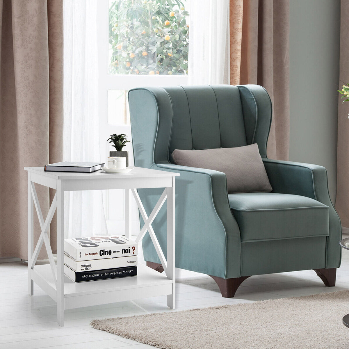 2-Tier Side Table with X-shape Design and 4 Solid Legs-White-End & Side Tables-DECOROLALA