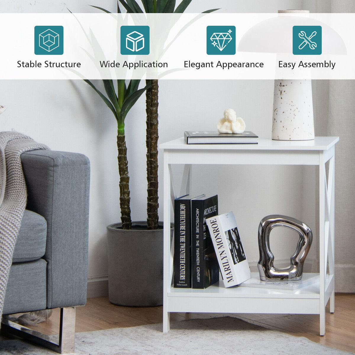 2-Tier Side Table with X-shape Design and 4 Solid Legs-White-End & Side Tables-DECOROLALA