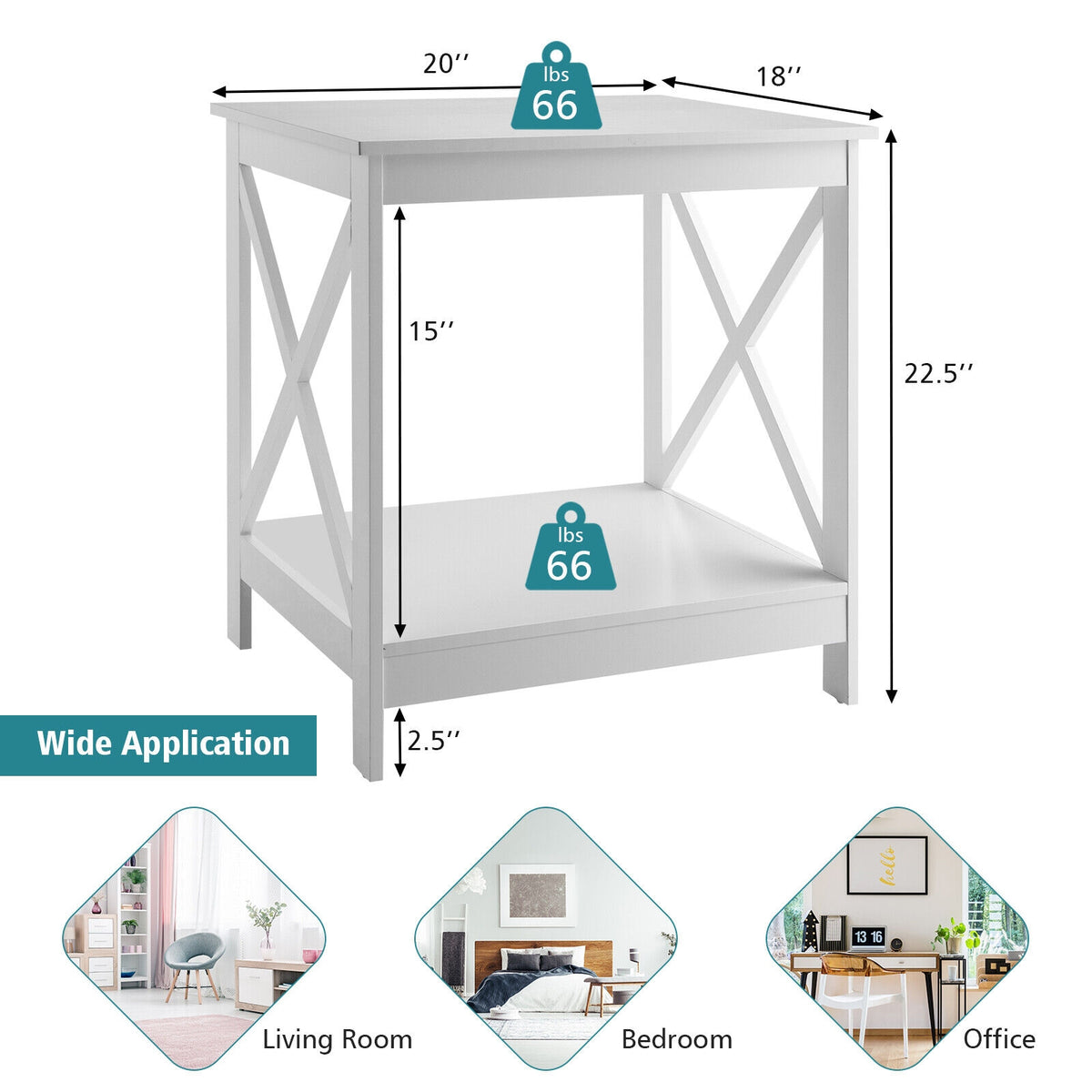 2-Tier Side Table with X-shape Design and 4 Solid Legs-White-End & Side Tables-DECOROLALA