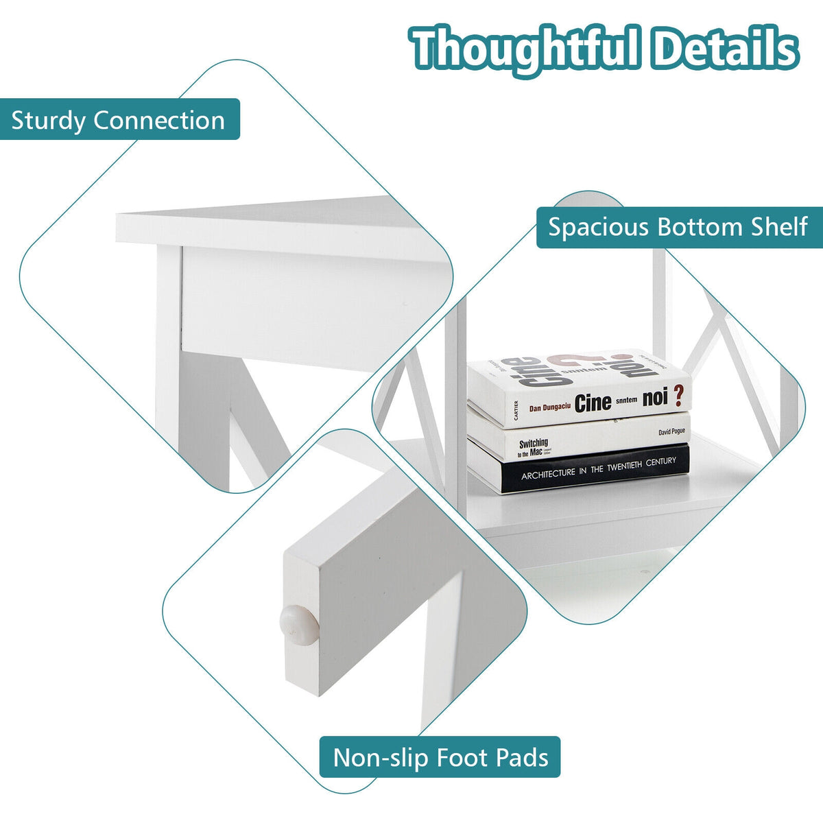 2-Tier Side Table with X-shape Design and 4 Solid Legs-White-End & Side Tables-DECOROLALA