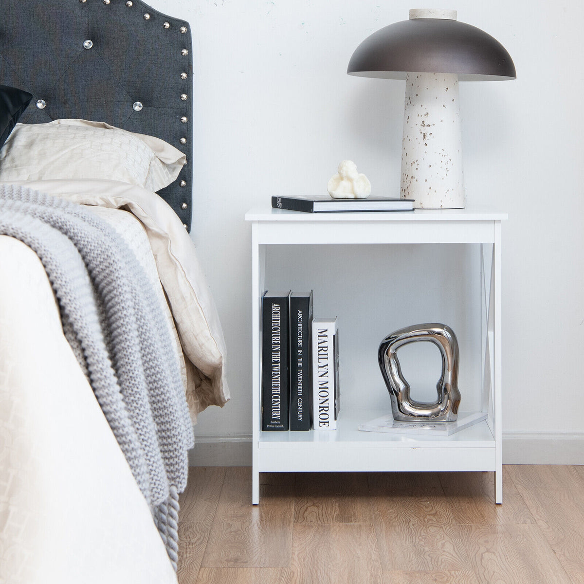 2-Tier Side Table with X-shape Design and 4 Solid Legs-White-End & Side Tables-DECOROLALA