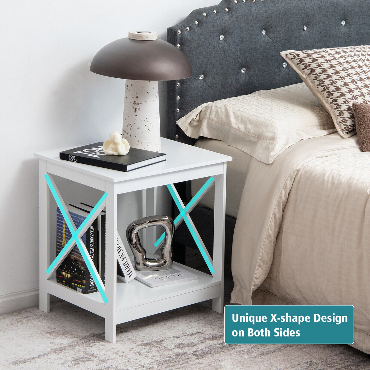 2-Tier Side Table with X-shape Design and 4 Solid Legs-White-End & Side Tables-DECOROLALA