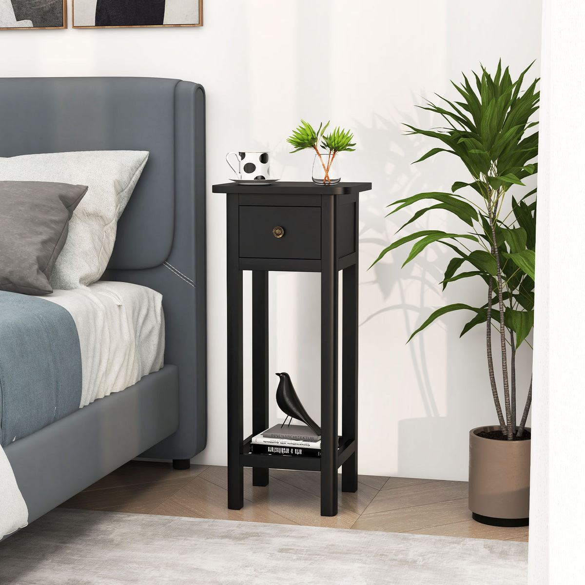 2 Tier Slim Nightstand Bedside Table with Drawer Shelf-Black-Nightstands-DECOROLALA