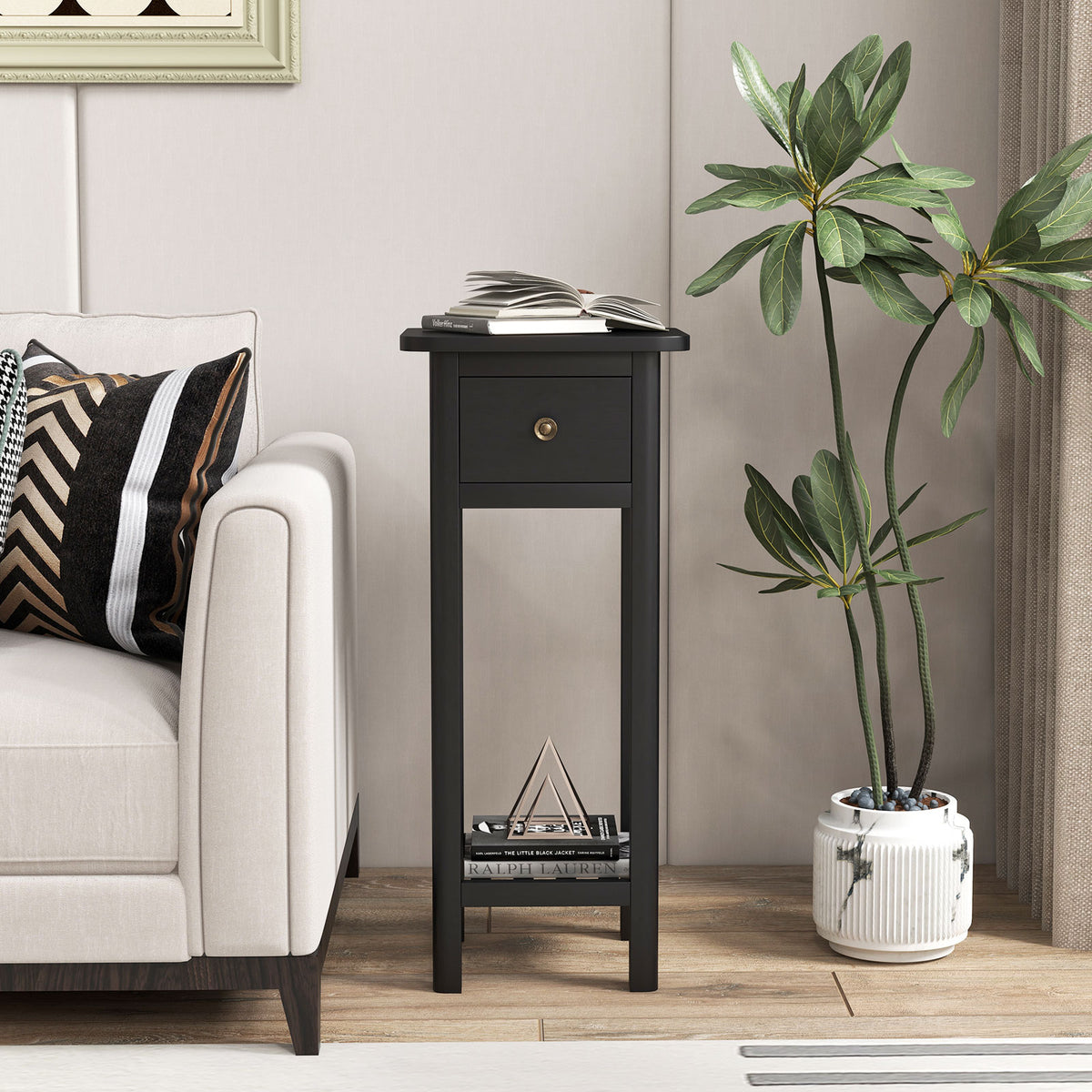 2 Tier Slim Nightstand Bedside Table with Drawer Shelf-Black-Nightstands-DECOROLALA