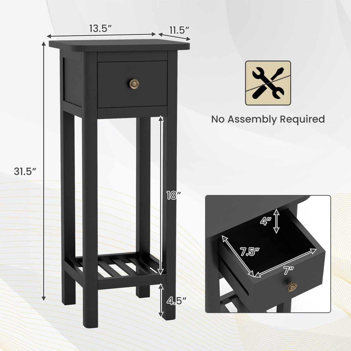 2 Tier Slim Nightstand Bedside Table with Drawer Shelf-Black-Nightstands-DECOROLALA