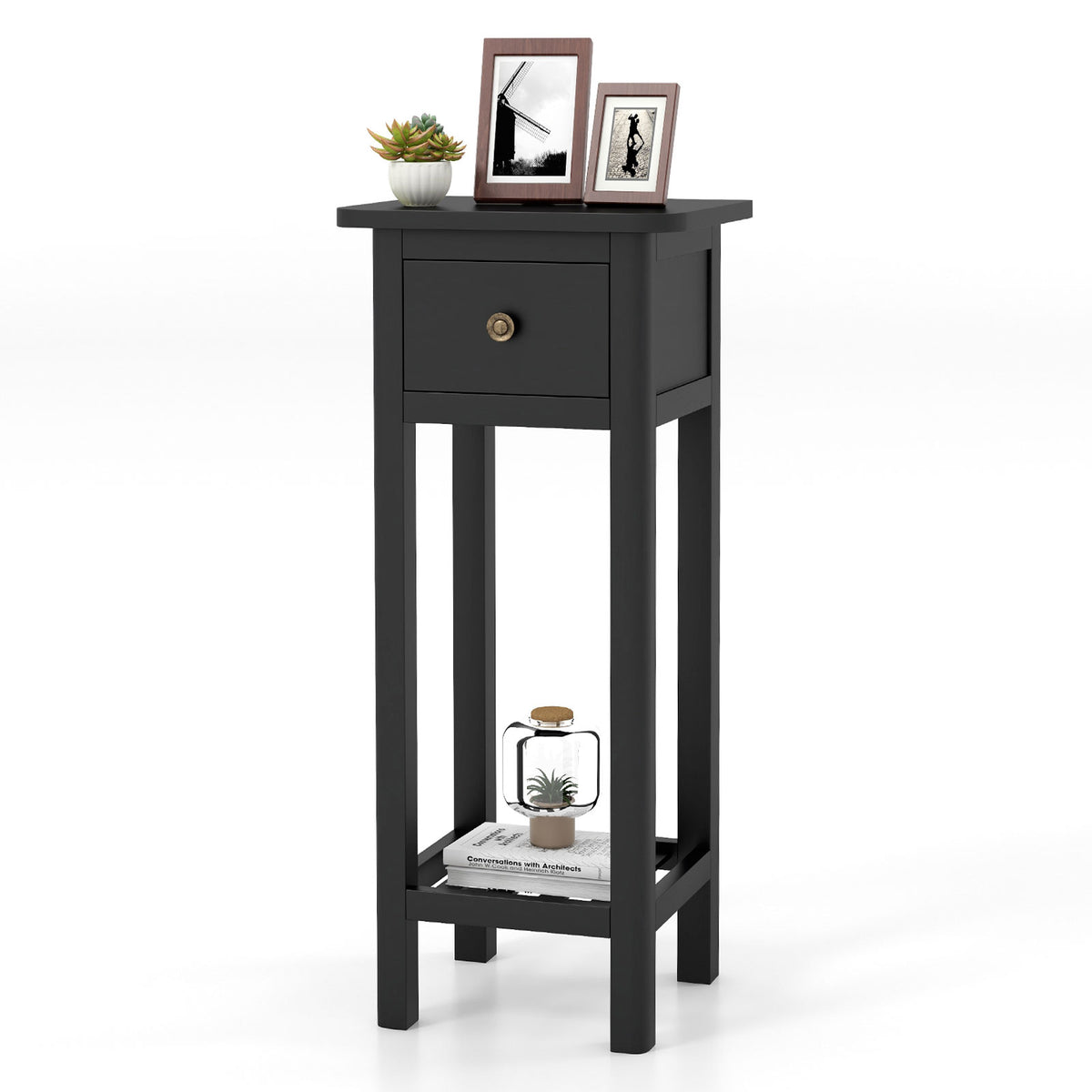 2 Tier Slim Nightstand Bedside Table with Drawer Shelf-Black-Nightstands-DECOROLALA
