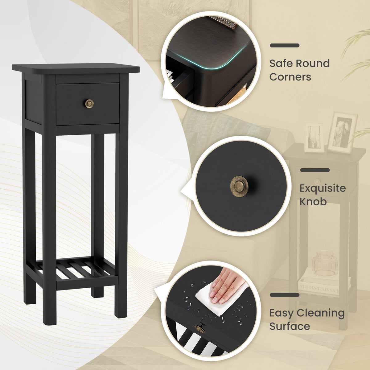 2 Tier Slim Nightstand Bedside Table with Drawer Shelf-Black-Nightstands-DECOROLALA
