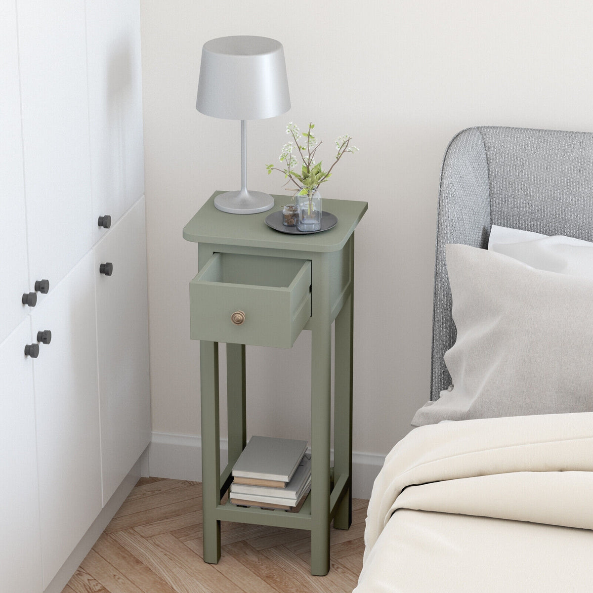 2 Tier Slim Nightstand Bedside Table with Drawer Shelf-Gray-Nightstands-DECOROLALA