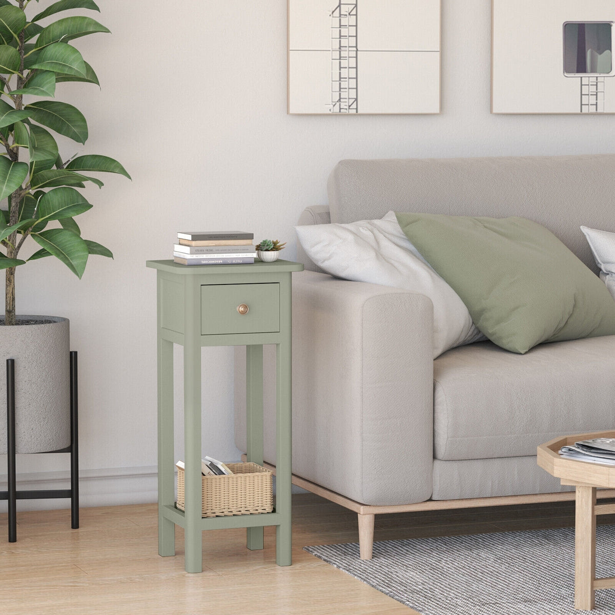 2 Tier Slim Nightstand Bedside Table with Drawer Shelf-Gray-Nightstands-DECOROLALA