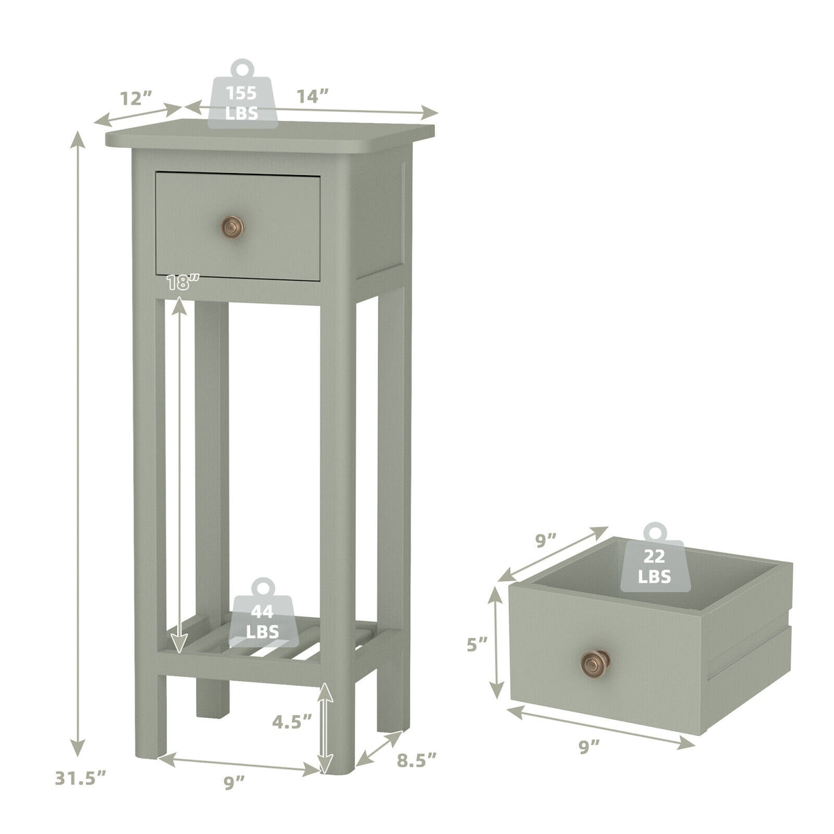 2 Tier Slim Nightstand Bedside Table with Drawer Shelf-Gray-Nightstands-DECOROLALA