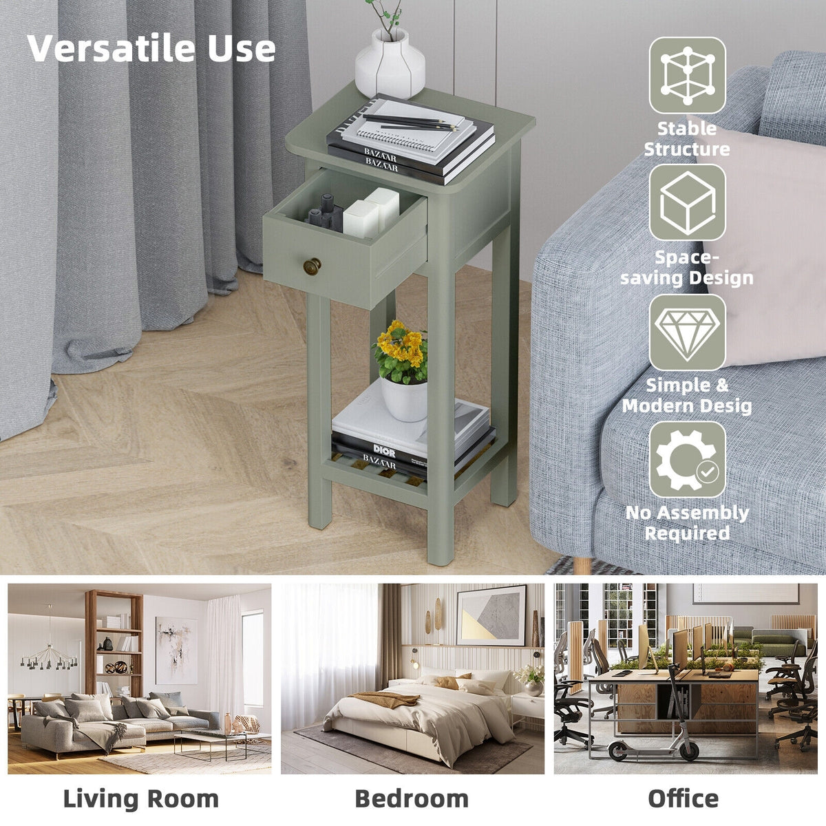 2 Tier Slim Nightstand Bedside Table with Drawer Shelf-Gray-Nightstands-DECOROLALA