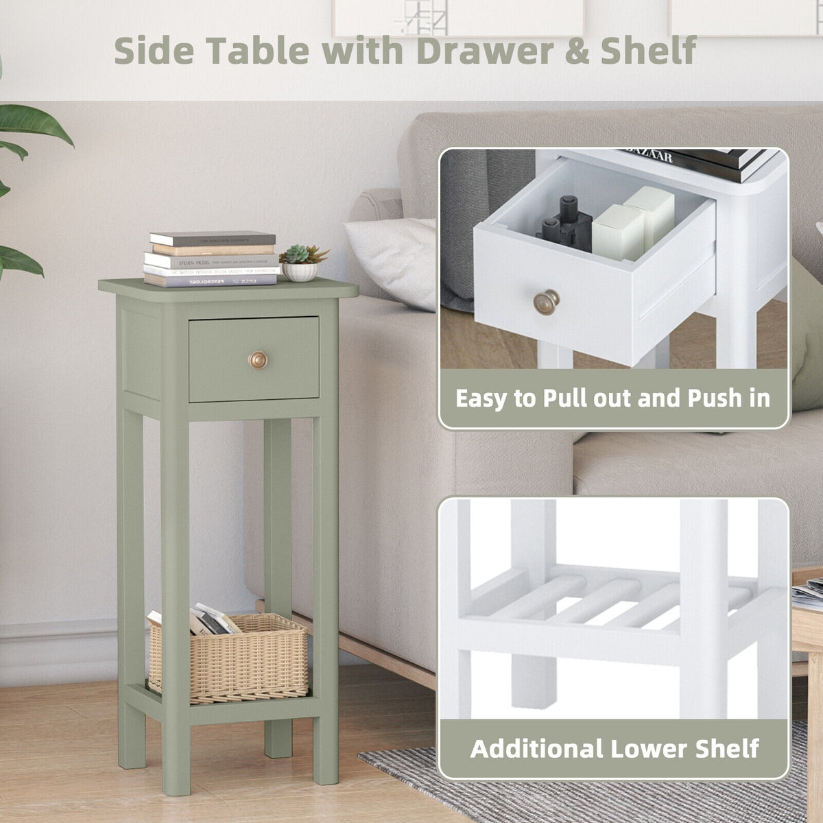 2 Tier Slim Nightstand Bedside Table with Drawer Shelf-Gray-Nightstands-DECOROLALA