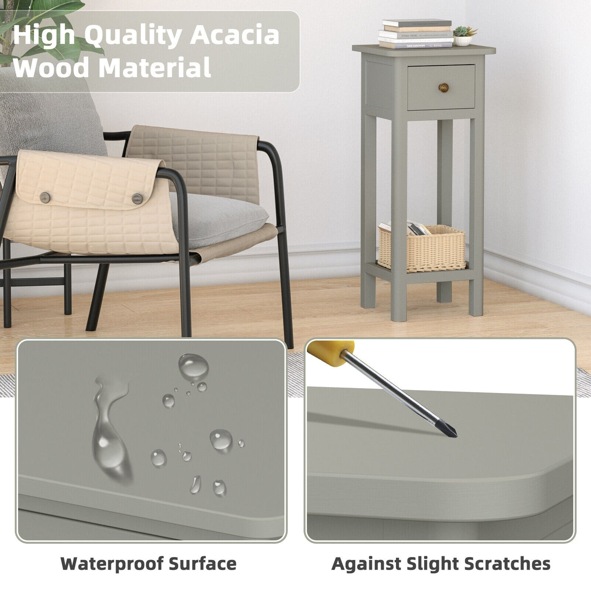 2 Tier Slim Nightstand Bedside Table with Drawer Shelf-Gray-Nightstands-DECOROLALA