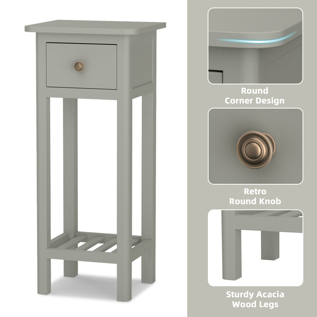 2 Tier Slim Nightstand Bedside Table with Drawer Shelf-Gray-Nightstands-DECOROLALA