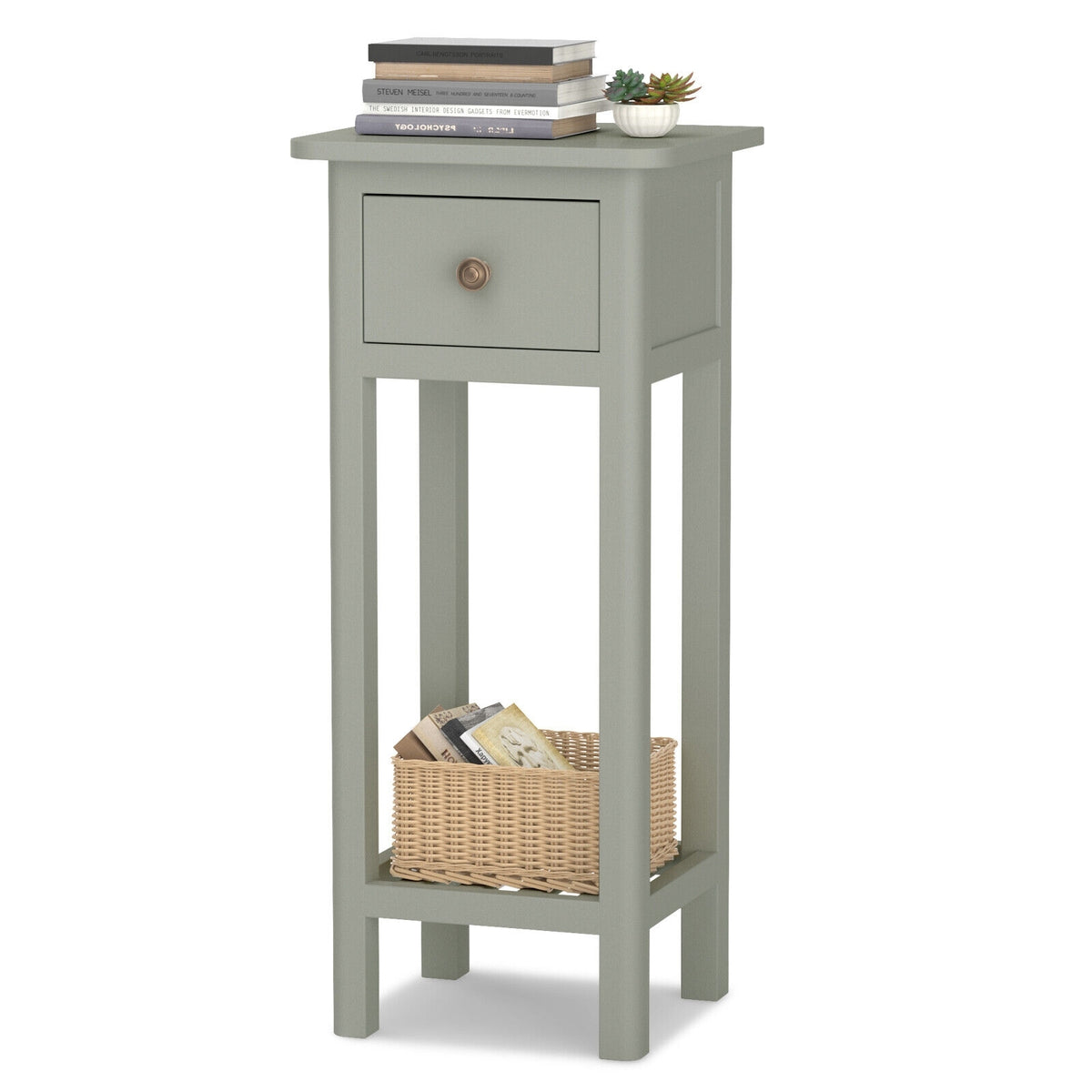 2 Tier Slim Nightstand Bedside Table with Drawer Shelf-Gray-Nightstands-DECOROLALA