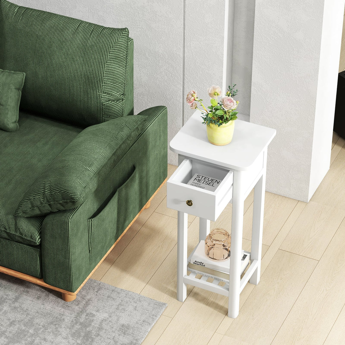 2 Tier Slim Nightstand Bedside Table with Drawer Shelf-White-Nightstands-DECOROLALA