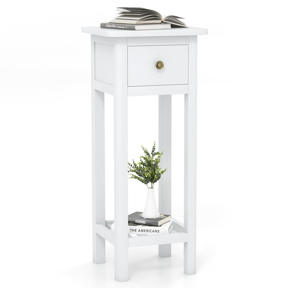 2 Tier Slim Nightstand Bedside Table with Drawer Shelf-White-Nightstands-DECOROLALA