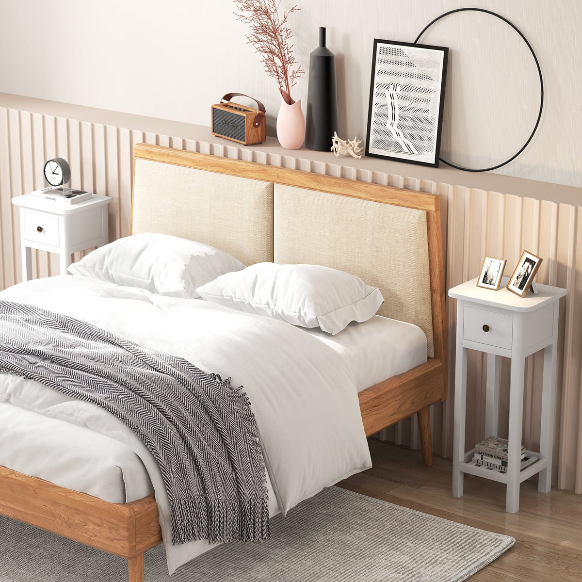 2 Tier Slim Nightstand Bedside Table with Drawer Shelf-White-Nightstands-DECOROLALA
