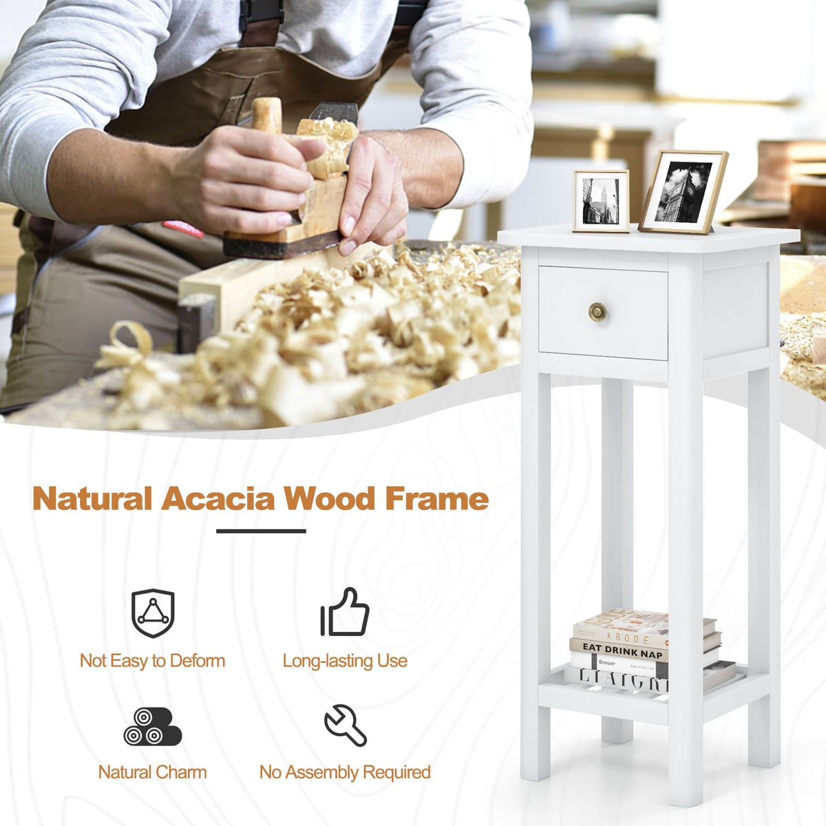 2 Tier Slim Nightstand Bedside Table with Drawer Shelf-White-Nightstands-DECOROLALA