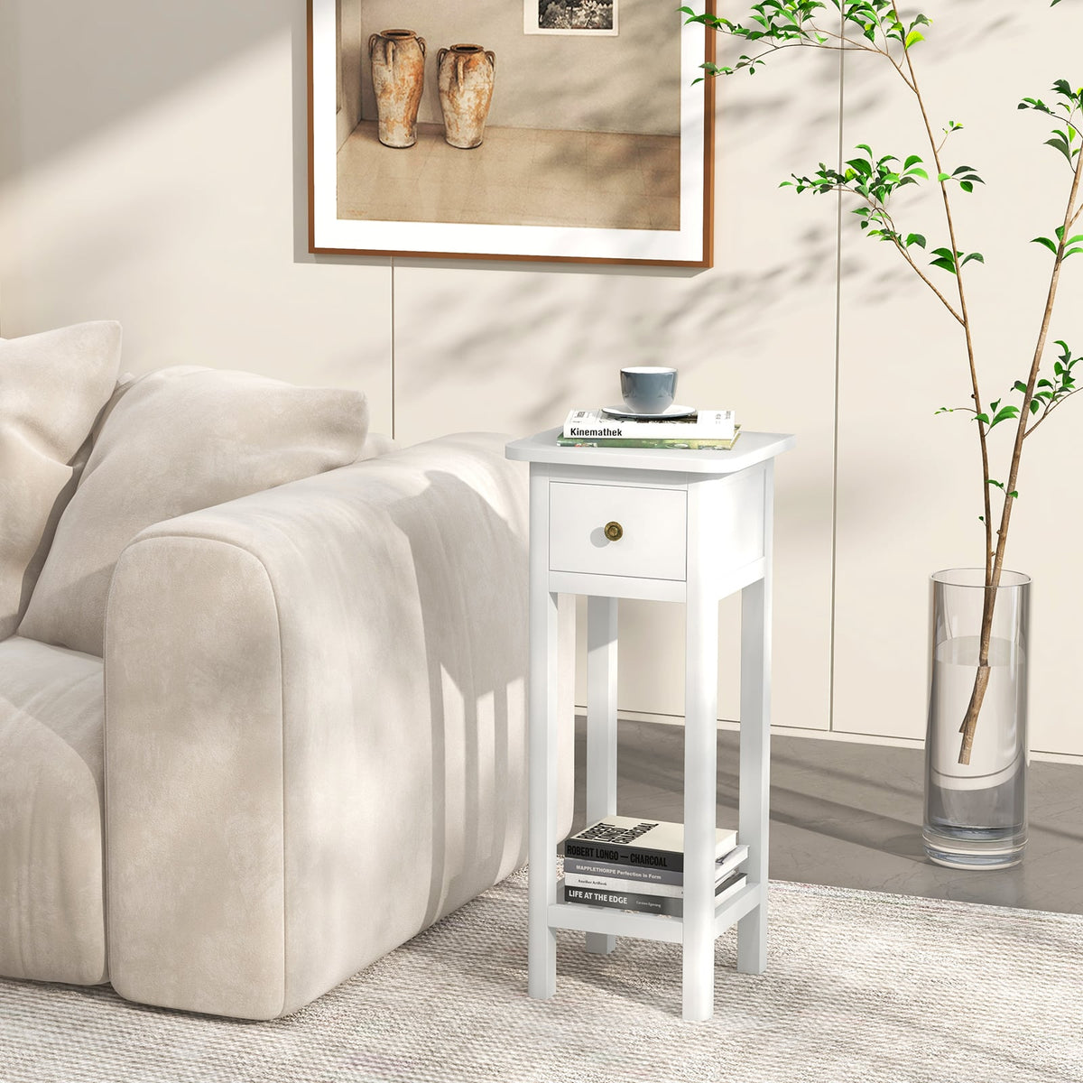 2 Tier Slim Nightstand Bedside Table with Drawer Shelf-White-Nightstands-DECOROLALA