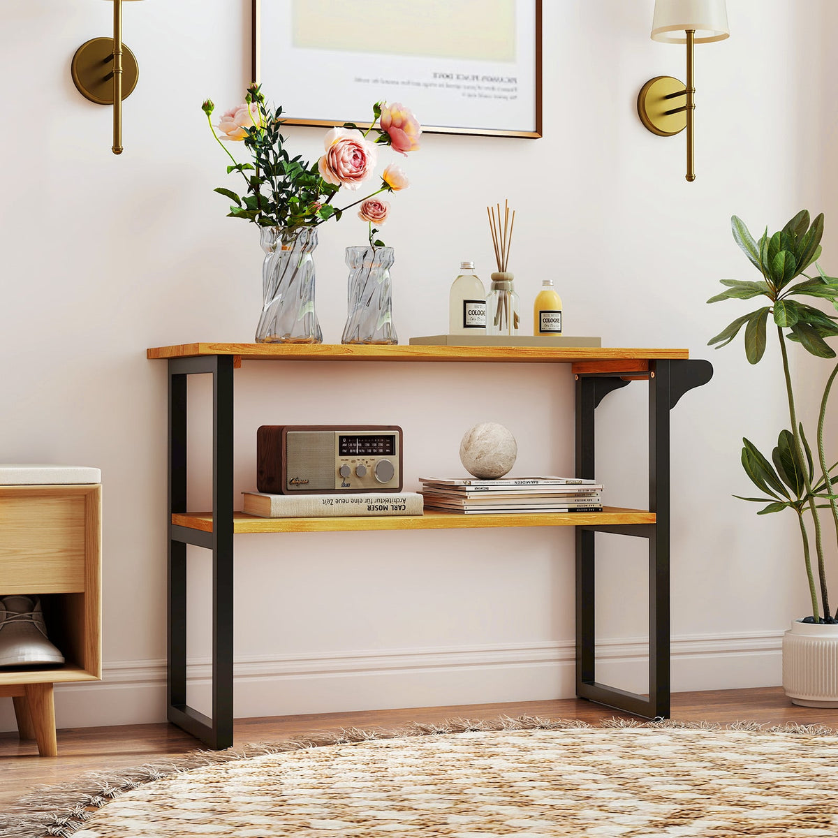 2-Tier Solid Teak Wood Bathroom Shelf with Towel Rack - Natural-Bathroom Floor Cabinets-DECOROLALA
