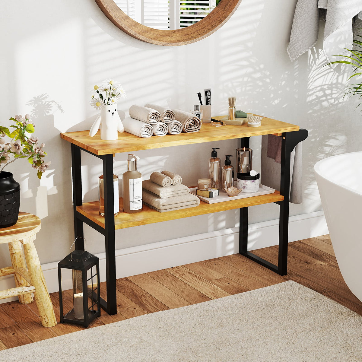 2-Tier Solid Teak Wood Bathroom Shelf with Towel Rack - Natural-Floor Cabinets-DECOROLALA