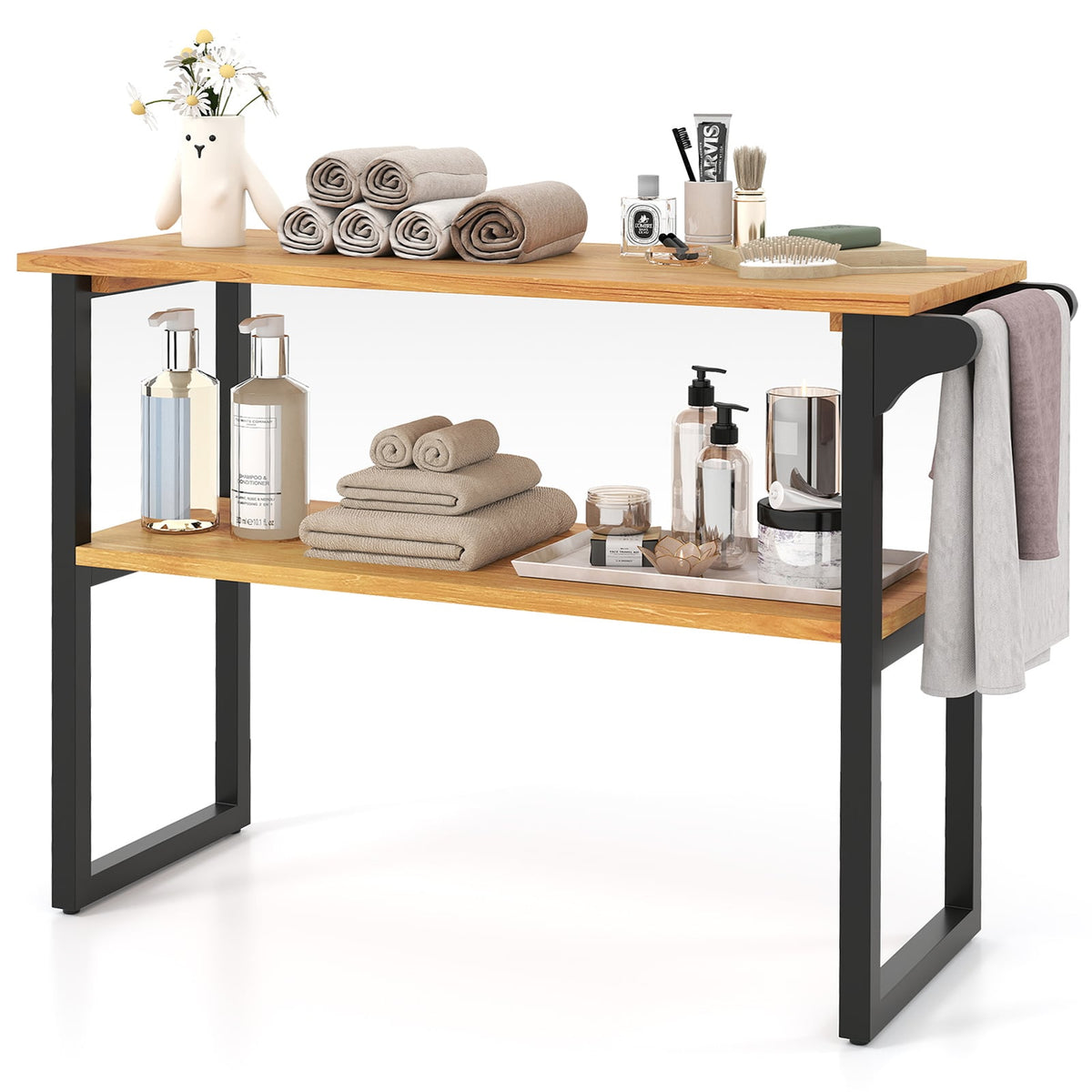2-Tier Solid Teak Wood Bathroom Shelf with Towel Rack - Natural-Floor Cabinets-DECOROLALA