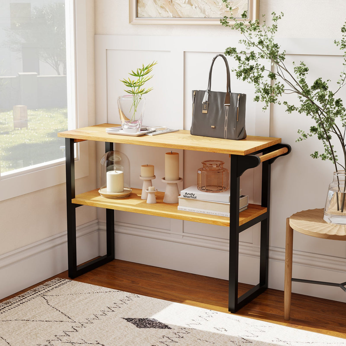 2-Tier Solid Teak Wood Bathroom Shelf with Towel Rack - Natural-Floor Cabinets-DECOROLALA