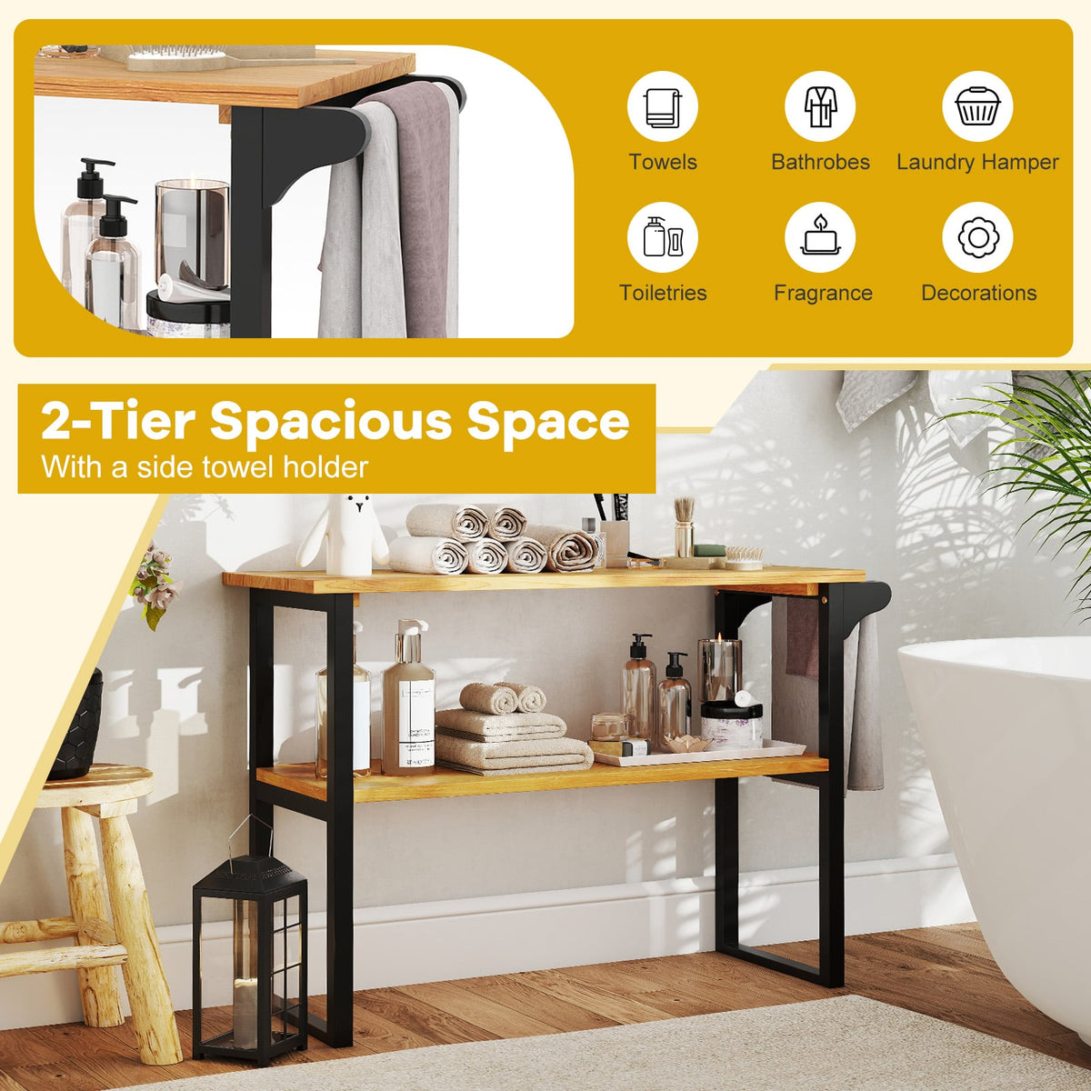 2-Tier Solid Teak Wood Bathroom Shelf with Towel Rack - Natural-Floor Cabinets-DECOROLALA