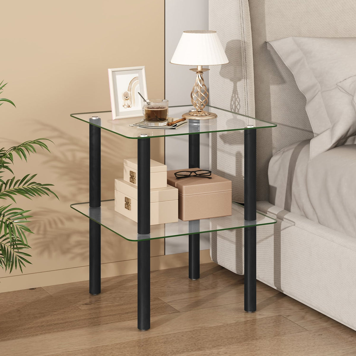 2-Tier Square End Table with Shelf and Clear Tempered Glass Top-Black-End & Side Tables-DECOROLALA
