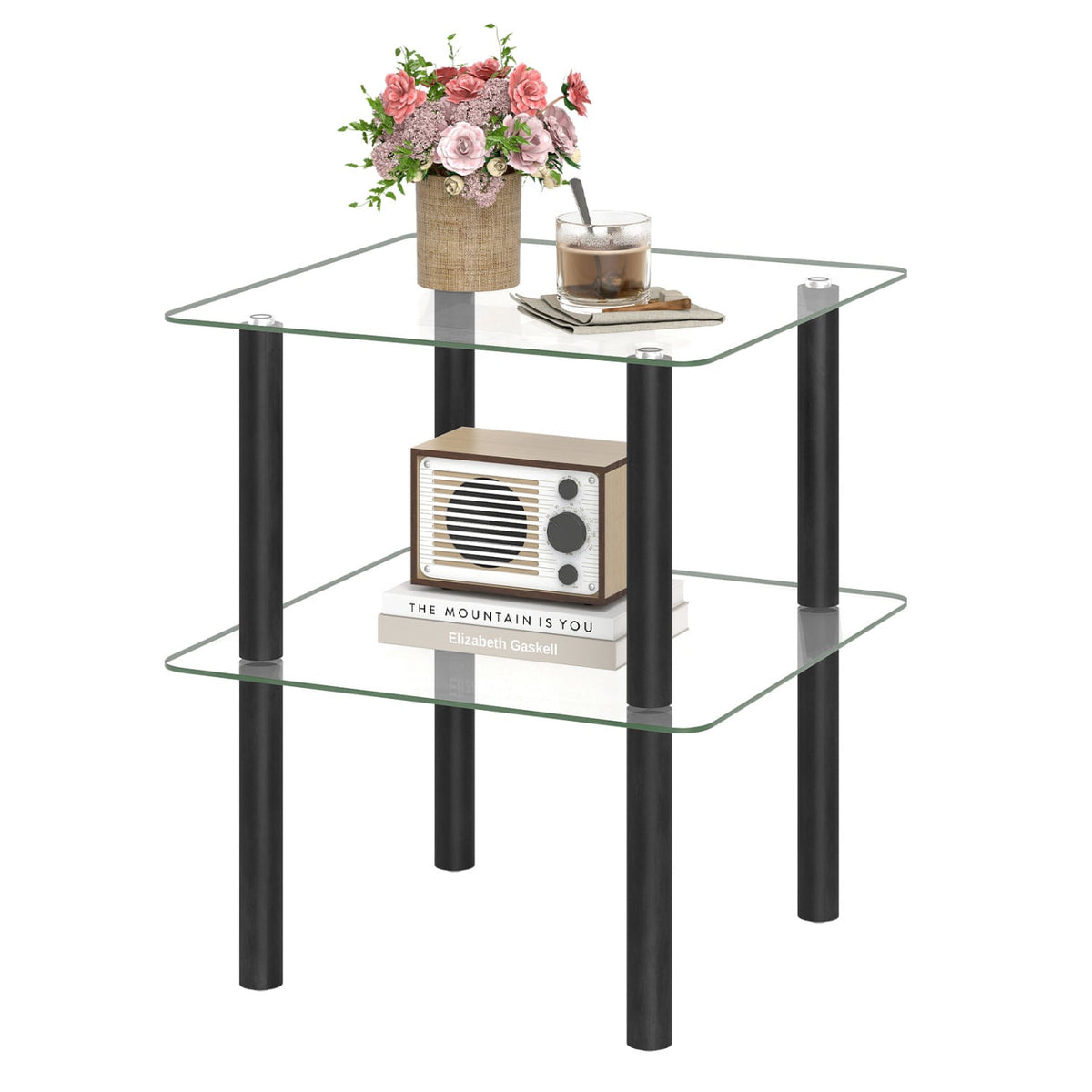 2-Tier Square End Table with Shelf and Clear Tempered Glass Top-Black-End & Side Tables-DECOROLALA