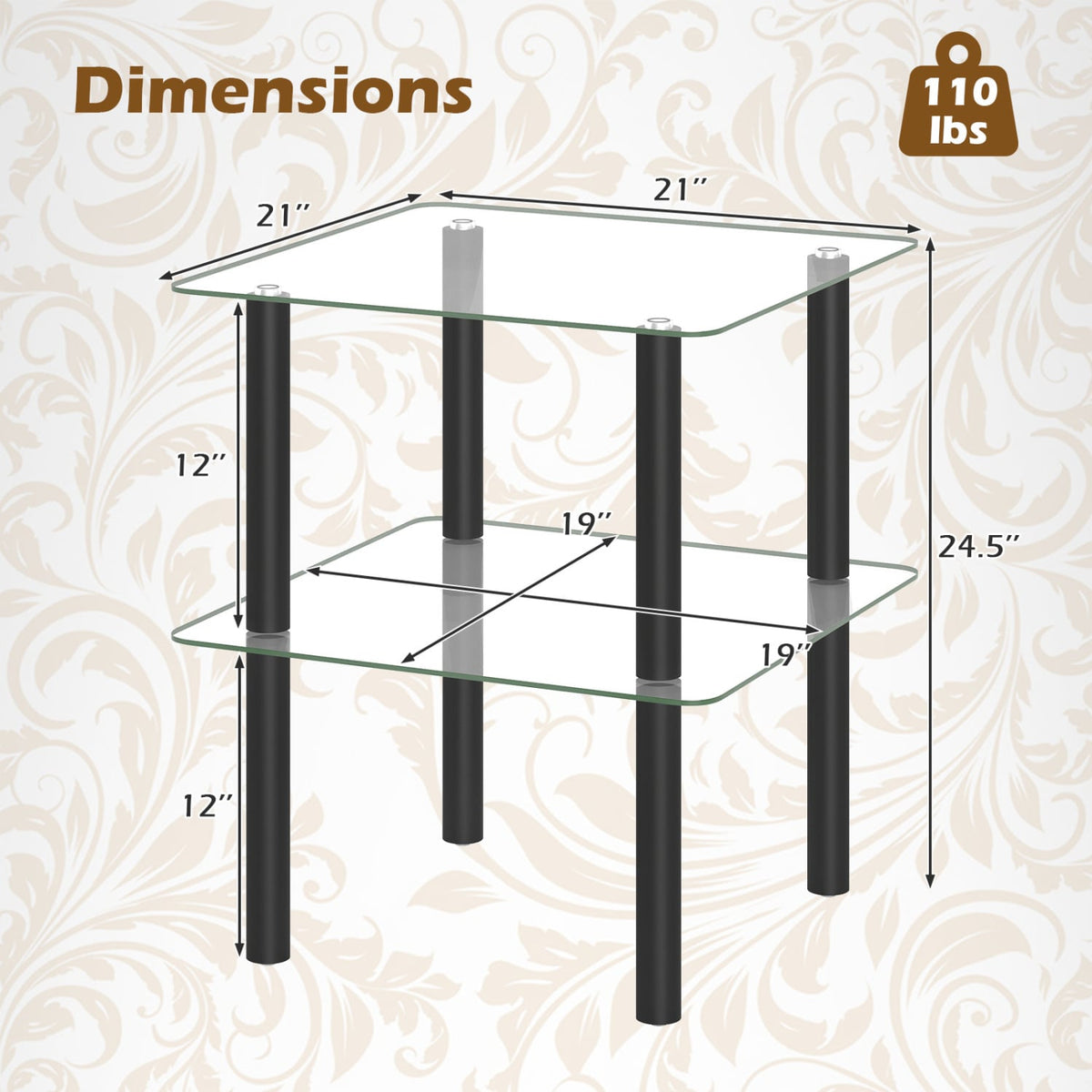 2-Tier Square End Table with Shelf and Clear Tempered Glass Top-Black-End & Side Tables-DECOROLALA