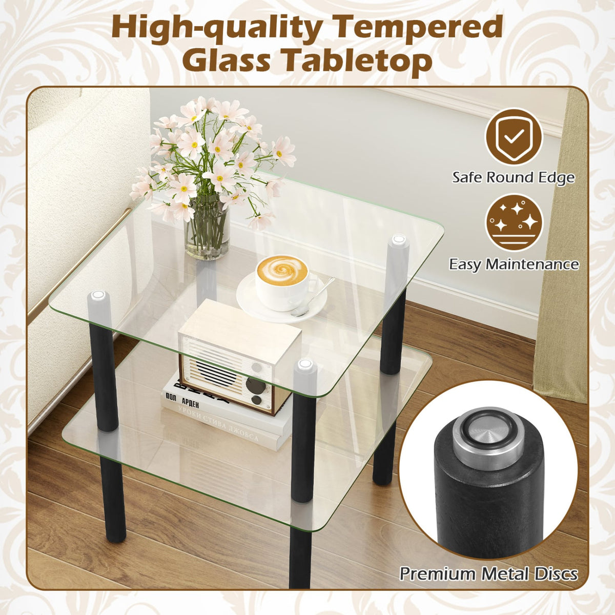 2-Tier Square End Table with Shelf and Clear Tempered Glass Top-Black-End & Side Tables-DECOROLALA
