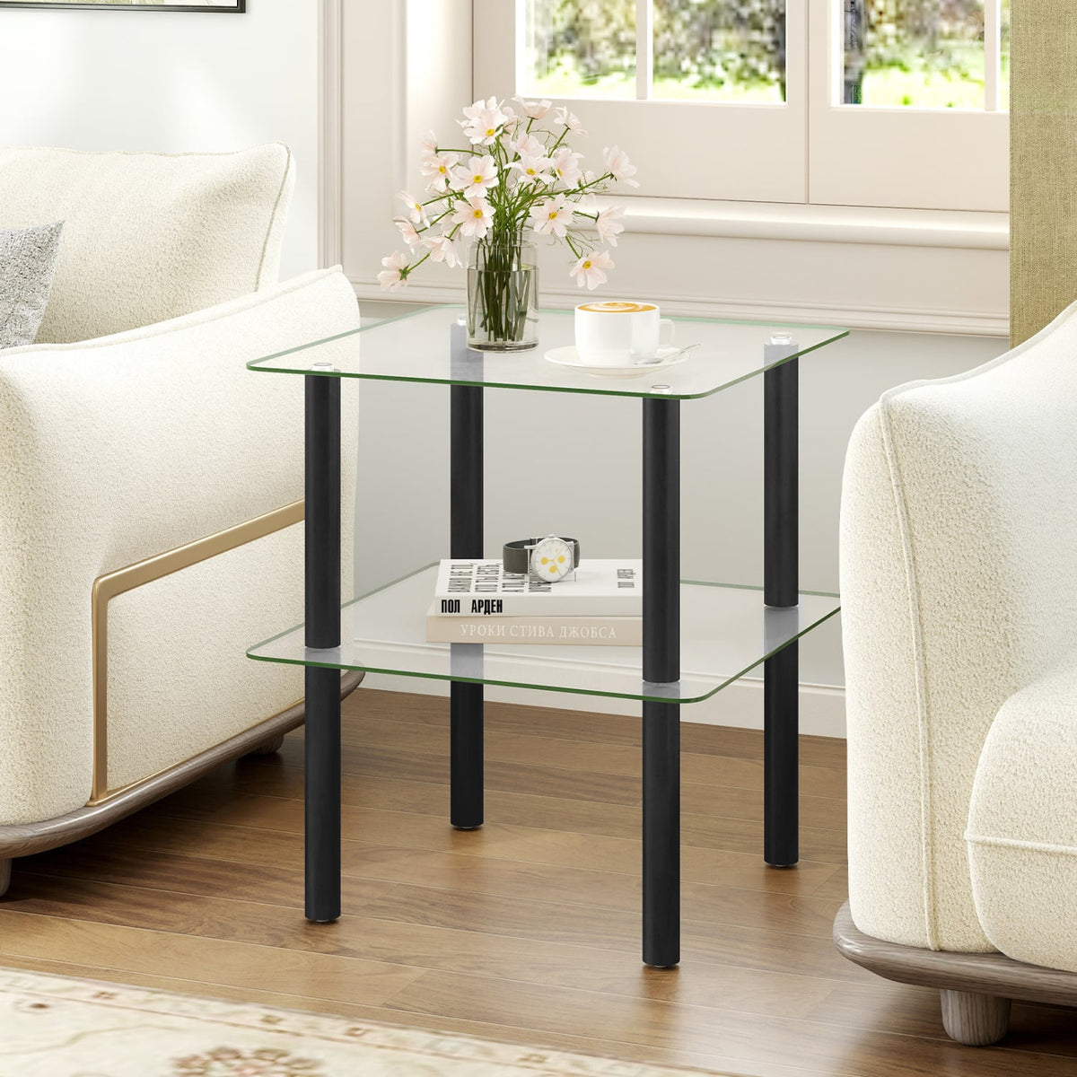 2-Tier Square End Table with Shelf and Clear Tempered Glass Top-Black-End & Side Tables-DECOROLALA