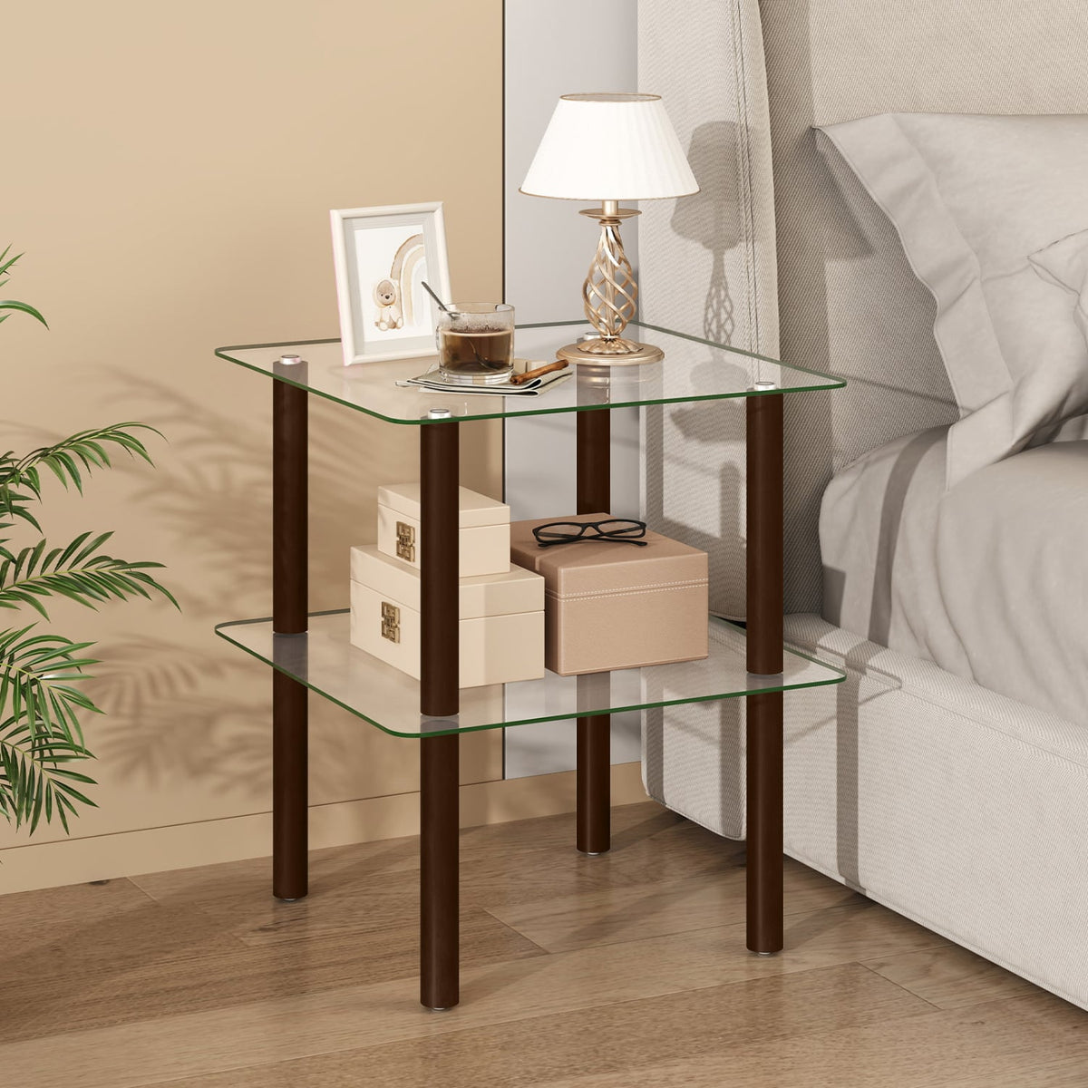 2-Tier Square End Table with Shelf and Clear Tempered Glass Top-Brown-End & Side Tables-DECOROLALA