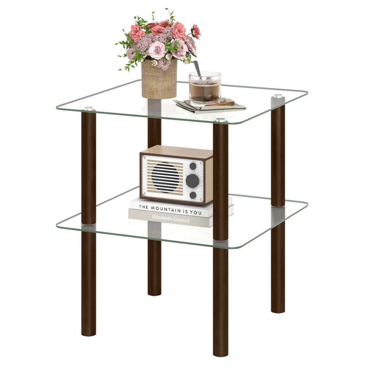 2-Tier Square End Table with Shelf and Clear Tempered Glass Top-Brown-End & Side Tables-DECOROLALA