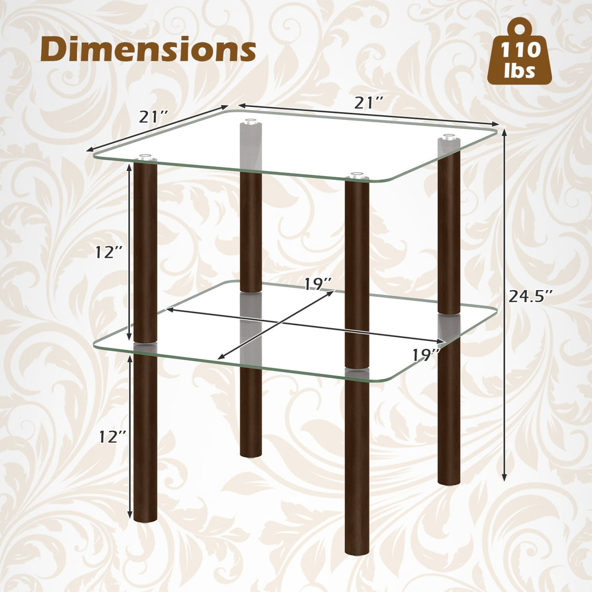 2-Tier Square End Table with Shelf and Clear Tempered Glass Top-Brown-End & Side Tables-DECOROLALA