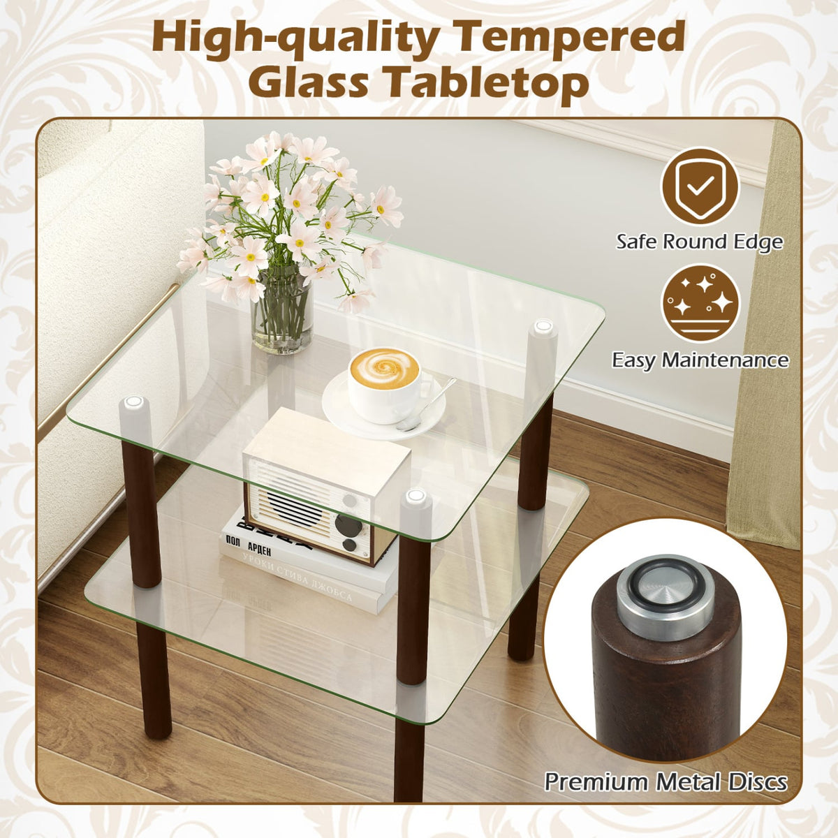 2-Tier Square End Table with Shelf and Clear Tempered Glass Top-Brown-End & Side Tables-DECOROLALA