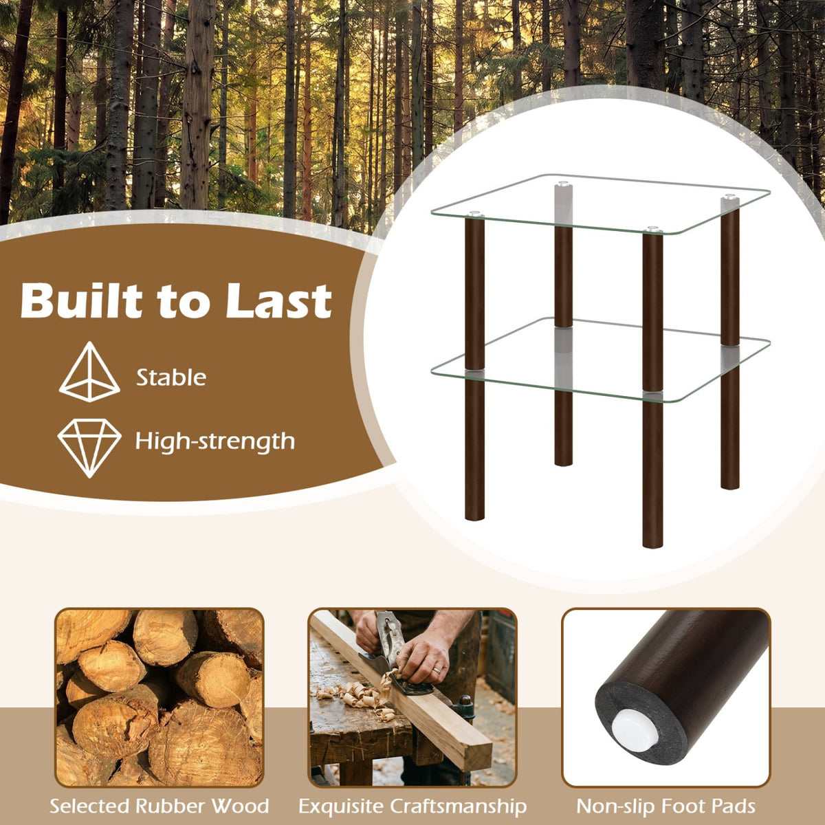 2-Tier Square End Table with Shelf and Clear Tempered Glass Top-Brown-End & Side Tables-DECOROLALA