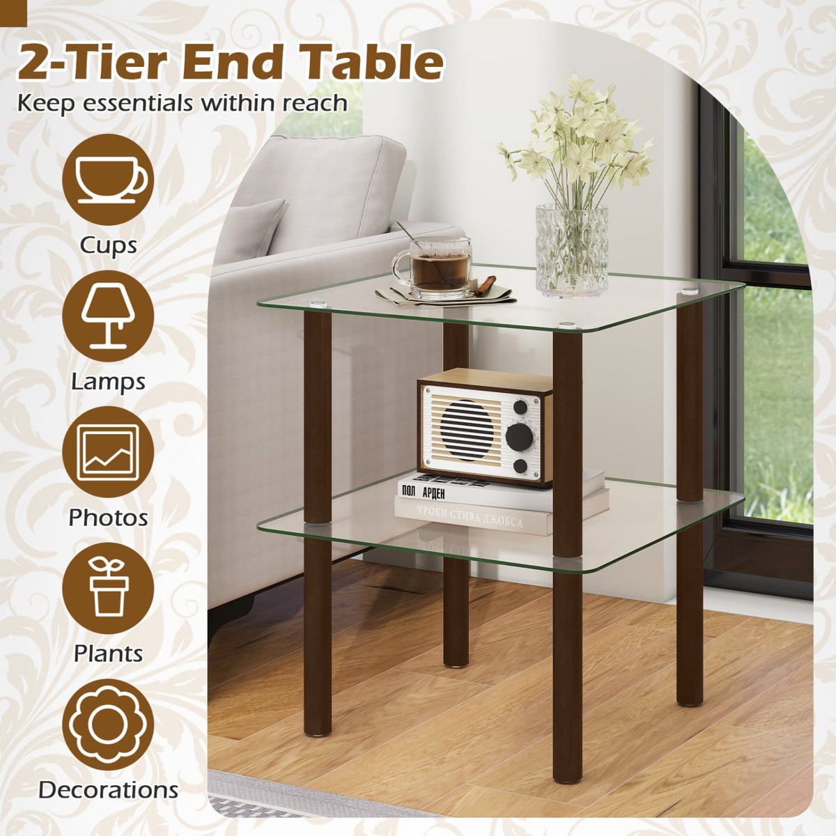 2-Tier Square End Table with Shelf and Clear Tempered Glass Top-Brown-End & Side Tables-DECOROLALA