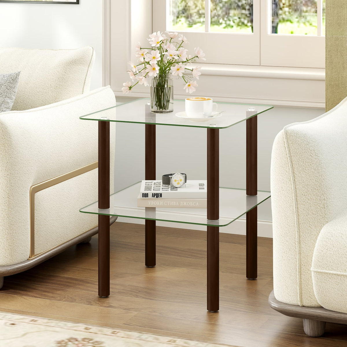2-Tier Square End Table with Shelf and Clear Tempered Glass Top-Brown-End & Side Tables-DECOROLALA