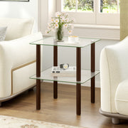 2-Tier Square End Table with Shelf and Clear Tempered Glass Top-Brown-End & Side Tables-DECOROLALA
