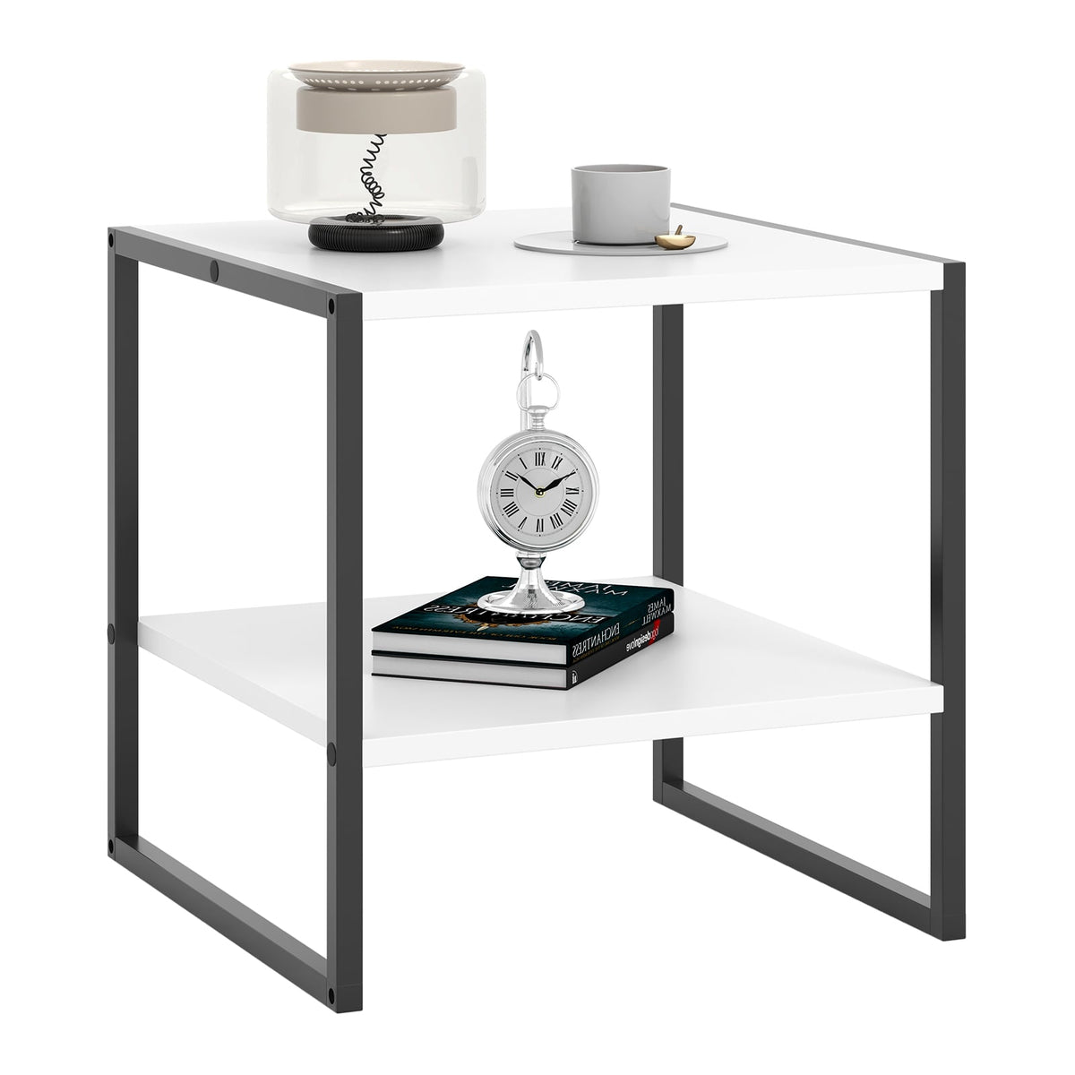 2-Tier Square End Table with Storage Shelf Reversible Design-White-End & Side Tables-DECOROLALA