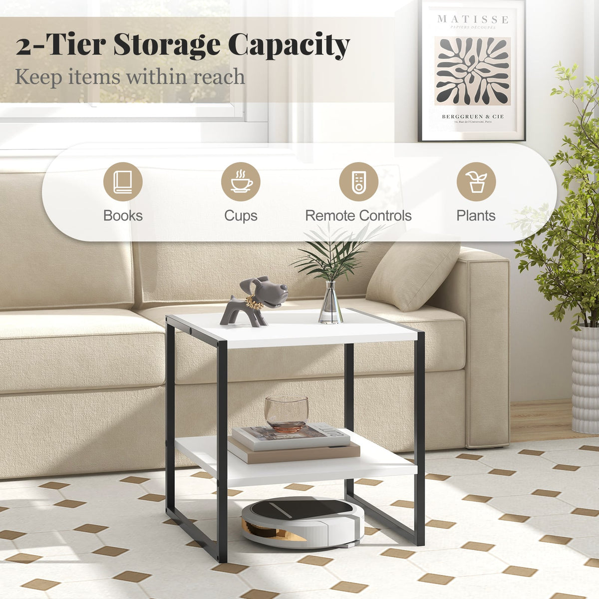 2-Tier Square End Table with Storage Shelf Reversible Design-White-End & Side Tables-DECOROLALA