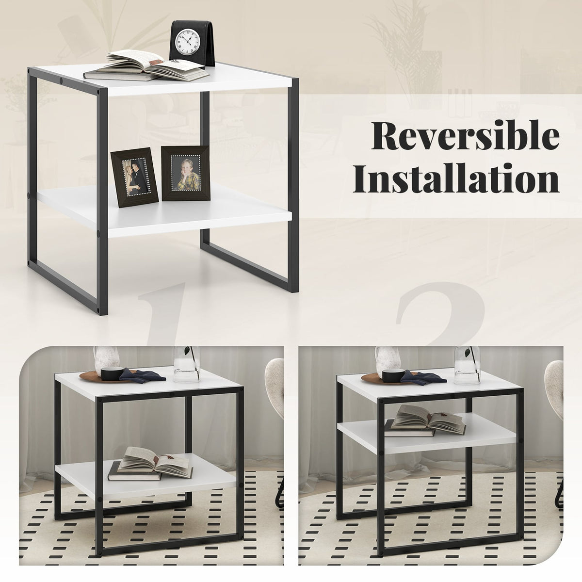 2-Tier Square End Table with Storage Shelf Reversible Design-White-End & Side Tables-DECOROLALA