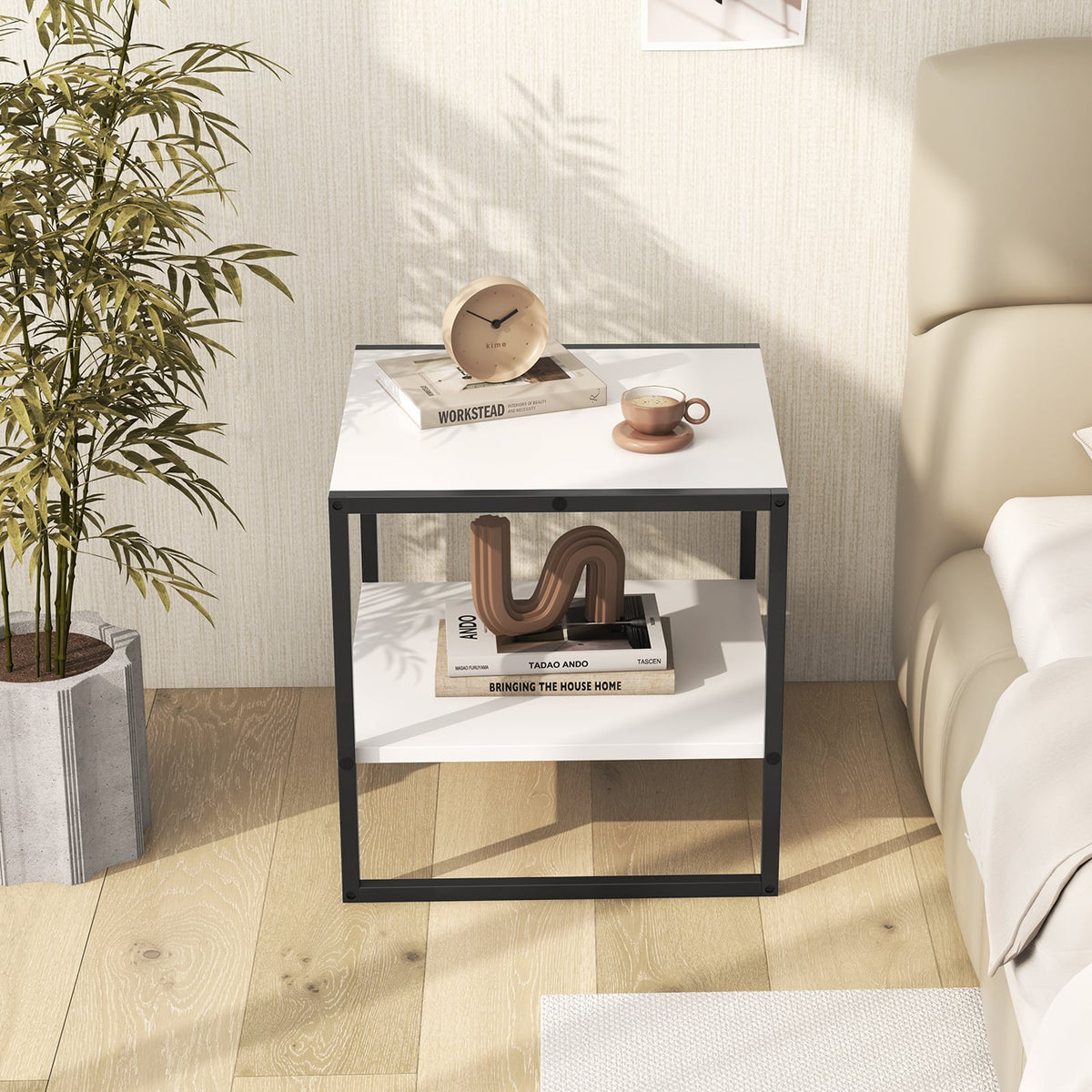2-Tier Square End Table with Storage Shelf Reversible Design-White-End & Side Tables-DECOROLALA